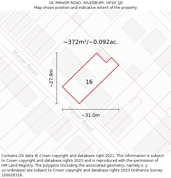 16, MANOR ROAD, AYLESBURY, HP20 1JD: Plot and title map