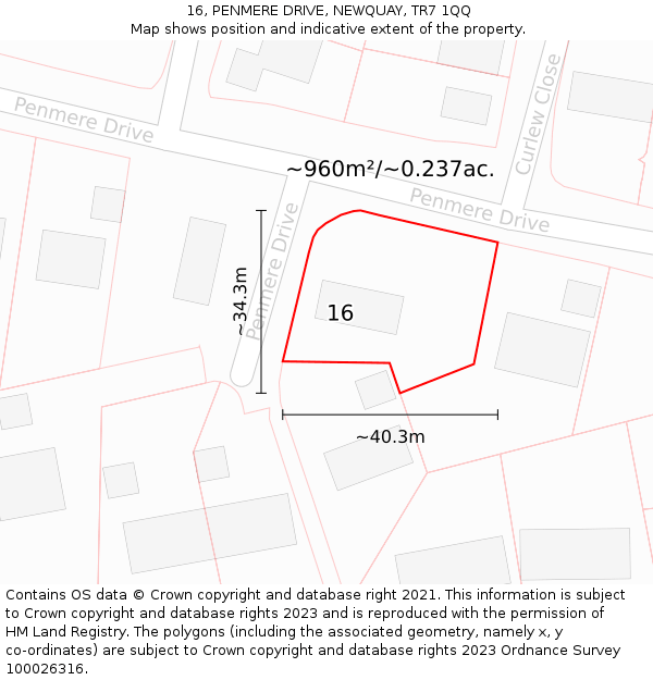 16, PENMERE DRIVE, NEWQUAY, TR7 1QQ: Plot and title map