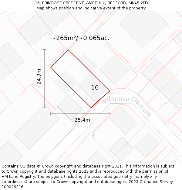 16, PRIMROSE CRESCENT, AMPTHILL, BEDFORD, MK45 2FD: Plot and title map