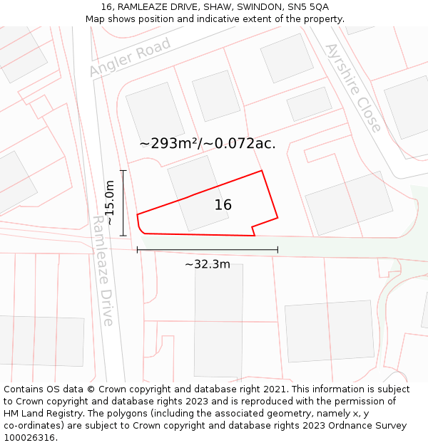 16, RAMLEAZE DRIVE, SHAW, SWINDON, SN5 5QA: Plot and title map