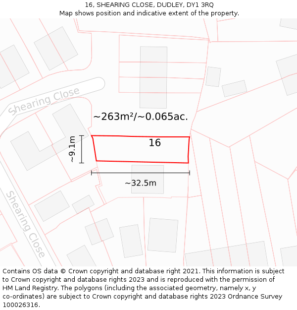 16, SHEARING CLOSE, DUDLEY, DY1 3RQ: Plot and title map