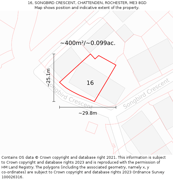 16, SONGBIRD CRESCENT, CHATTENDEN, ROCHESTER, ME3 8GD: Plot and title map