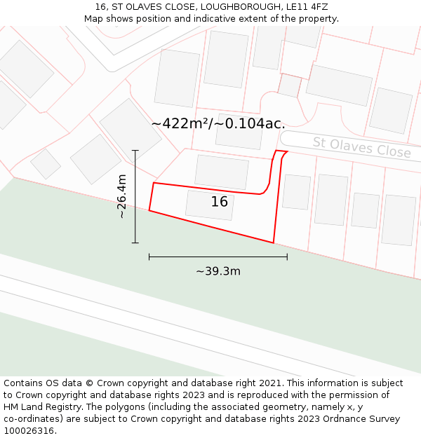 16, ST OLAVES CLOSE, LOUGHBOROUGH, LE11 4FZ: Plot and title map