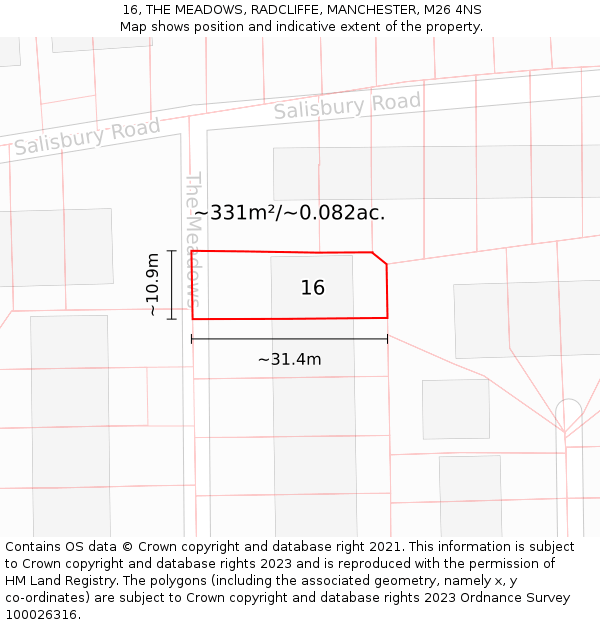 16, THE MEADOWS, RADCLIFFE, MANCHESTER, M26 4NS: Plot and title map