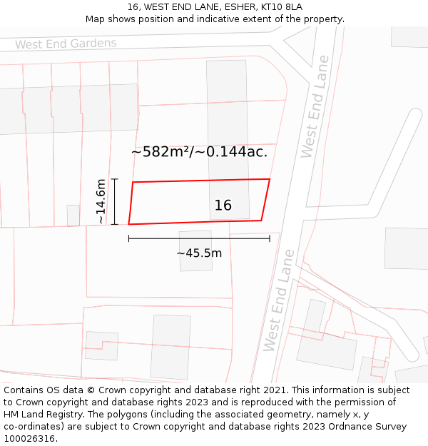 16, WEST END LANE, ESHER, KT10 8LA: Plot and title map