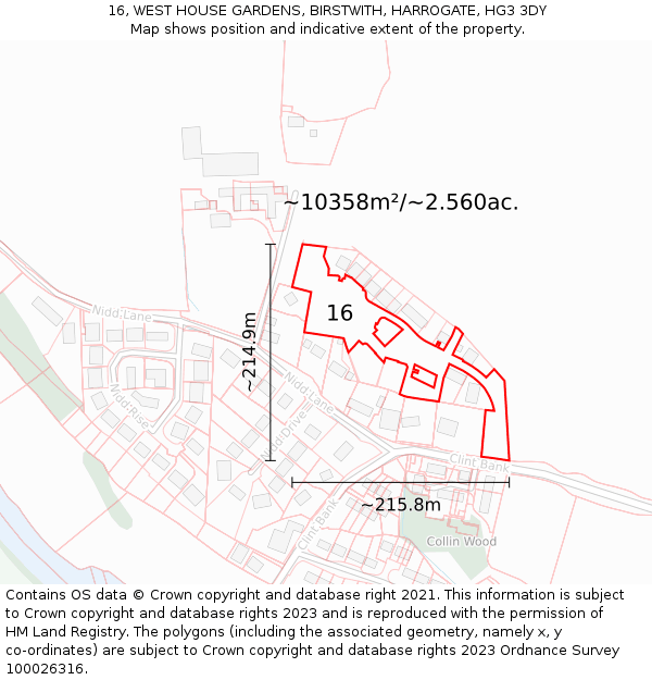 16, WEST HOUSE GARDENS, BIRSTWITH, HARROGATE, HG3 3DY: Plot and title map