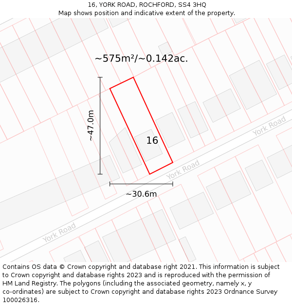 16, YORK ROAD, ROCHFORD, SS4 3HQ: Plot and title map