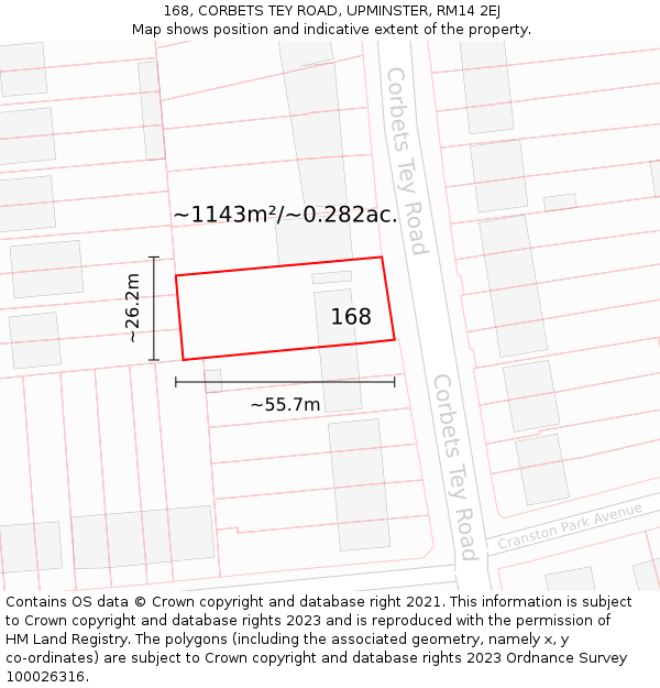 168, CORBETS TEY ROAD, UPMINSTER, RM14 2EJ: Plot and title map