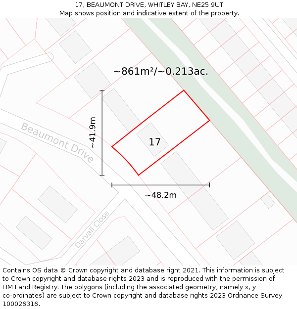 17, BEAUMONT DRIVE, WHITLEY BAY, NE25 9UT: Plot and title map