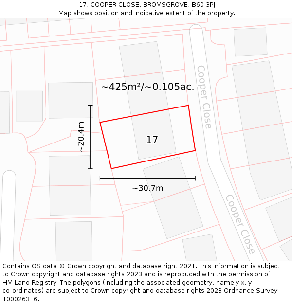 17, COOPER CLOSE, BROMSGROVE, B60 3PJ: Plot and title map