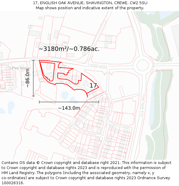 17, ENGLISH OAK AVENUE, SHAVINGTON, CREWE, CW2 5SU: Plot and title map