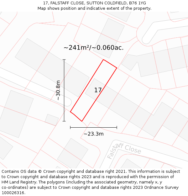 17, FALSTAFF CLOSE, SUTTON COLDFIELD, B76 1YG: Plot and title map