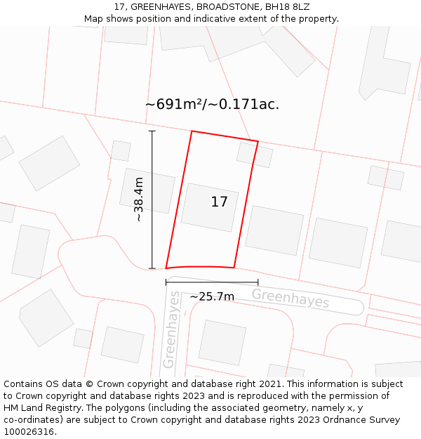 17, GREENHAYES, BROADSTONE, BH18 8LZ: Plot and title map