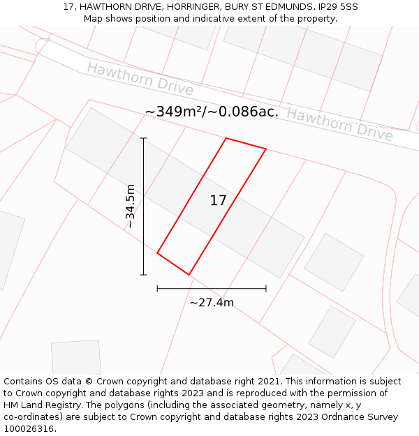 17, HAWTHORN DRIVE, HORRINGER, BURY ST EDMUNDS, IP29 5SS: Plot and title map