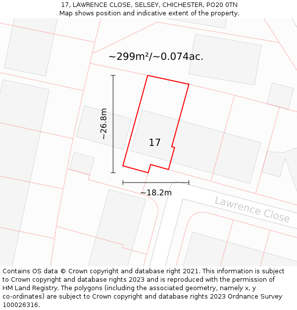 17, LAWRENCE CLOSE, SELSEY, CHICHESTER, PO20 0TN: Plot and title map