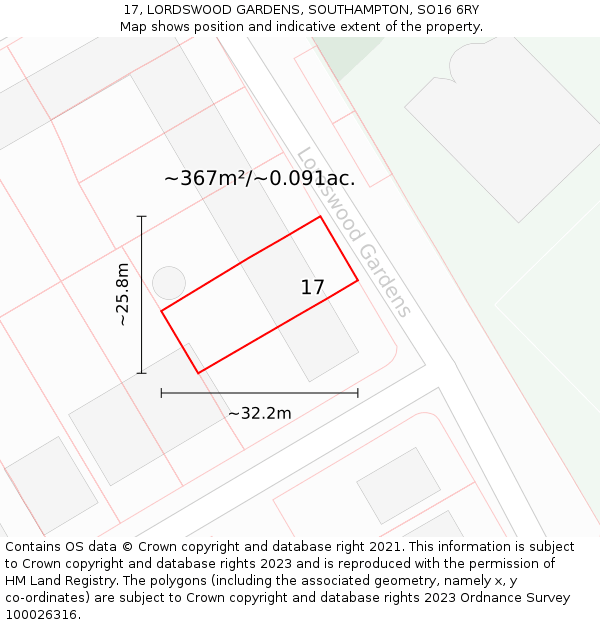 17, LORDSWOOD GARDENS, SOUTHAMPTON, SO16 6RY: Plot and title map