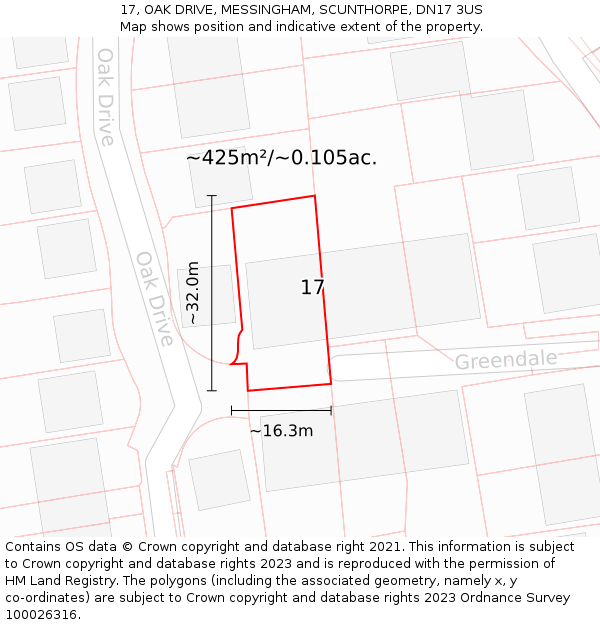 17, OAK DRIVE, MESSINGHAM, SCUNTHORPE, DN17 3US: Plot and title map
