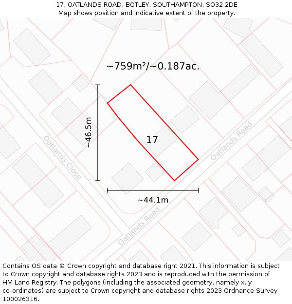 17, OATLANDS ROAD, BOTLEY, SOUTHAMPTON, SO32 2DE: Plot and title map