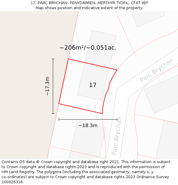 17, PARC BRYCHAN, PENYDARREN, MERTHYR TYDFIL, CF47 9EF: Plot and title map