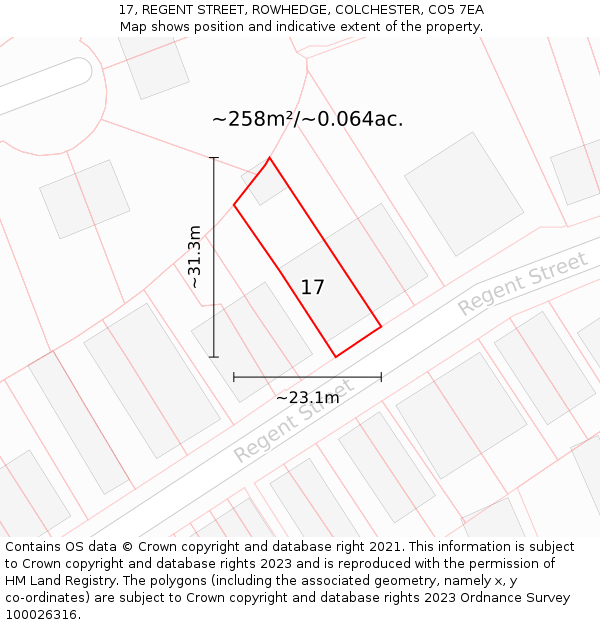 17, REGENT STREET, ROWHEDGE, COLCHESTER, CO5 7EA: Plot and title map