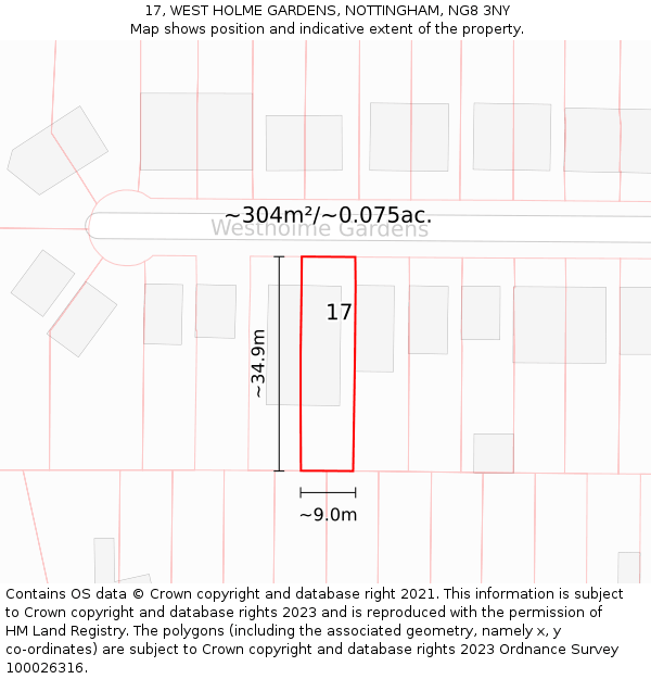 17, WEST HOLME GARDENS, NOTTINGHAM, NG8 3NY: Plot and title map