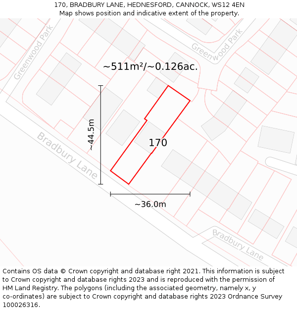 170, BRADBURY LANE, HEDNESFORD, CANNOCK, WS12 4EN: Plot and title map