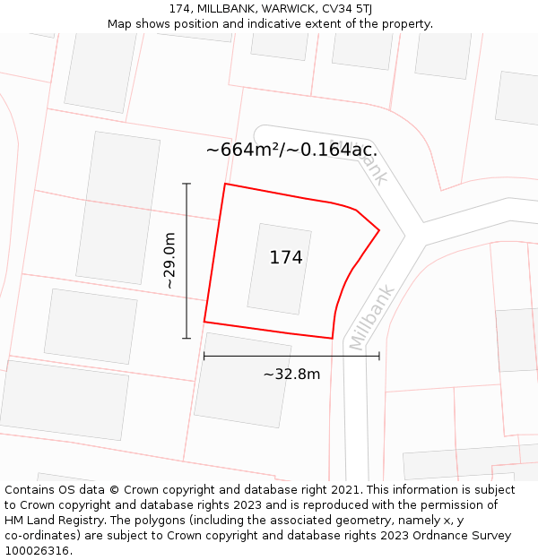 174, MILLBANK, WARWICK, CV34 5TJ: Plot and title map