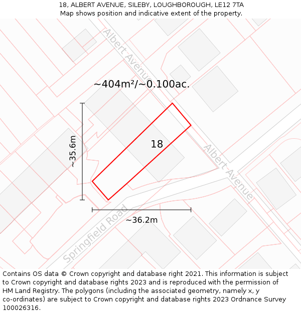 18, ALBERT AVENUE, SILEBY, LOUGHBOROUGH, LE12 7TA: Plot and title map