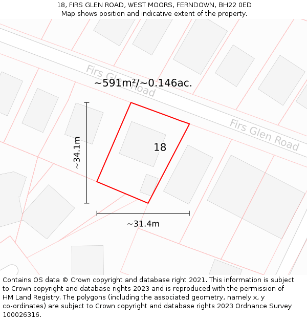 18, FIRS GLEN ROAD, WEST MOORS, FERNDOWN, BH22 0ED: Plot and title map