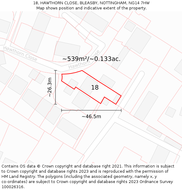 18, HAWTHORN CLOSE, BLEASBY, NOTTINGHAM, NG14 7HW: Plot and title map