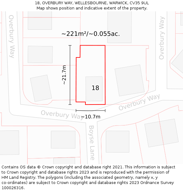 18, OVERBURY WAY, WELLESBOURNE, WARWICK, CV35 9UL: Plot and title map