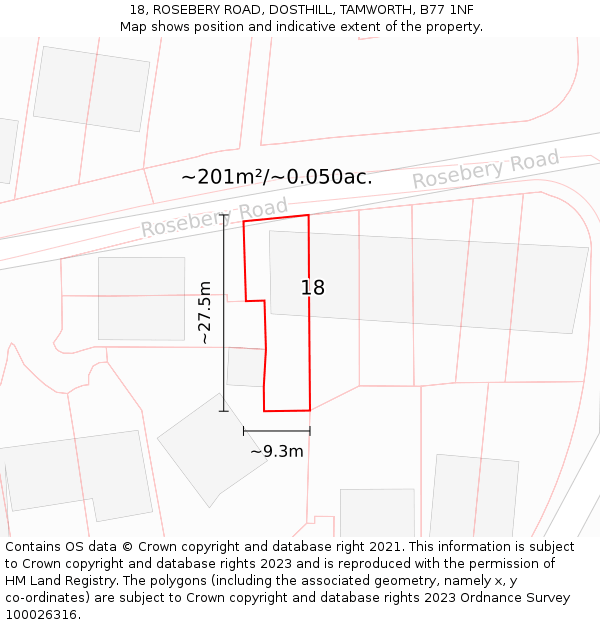 18, ROSEBERY ROAD, DOSTHILL, TAMWORTH, B77 1NF: Plot and title map