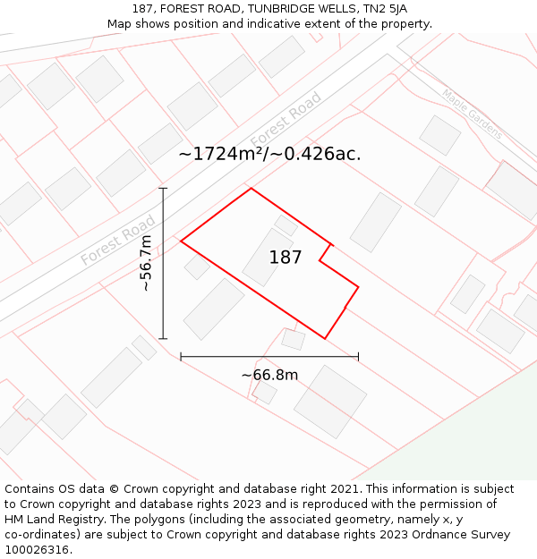 187, FOREST ROAD, TUNBRIDGE WELLS, TN2 5JA: Plot and title map