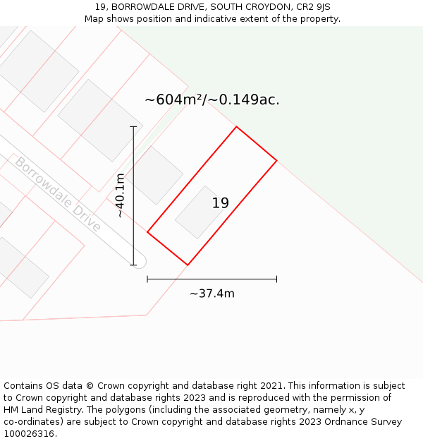 19, BORROWDALE DRIVE, SOUTH CROYDON, CR2 9JS: Plot and title map