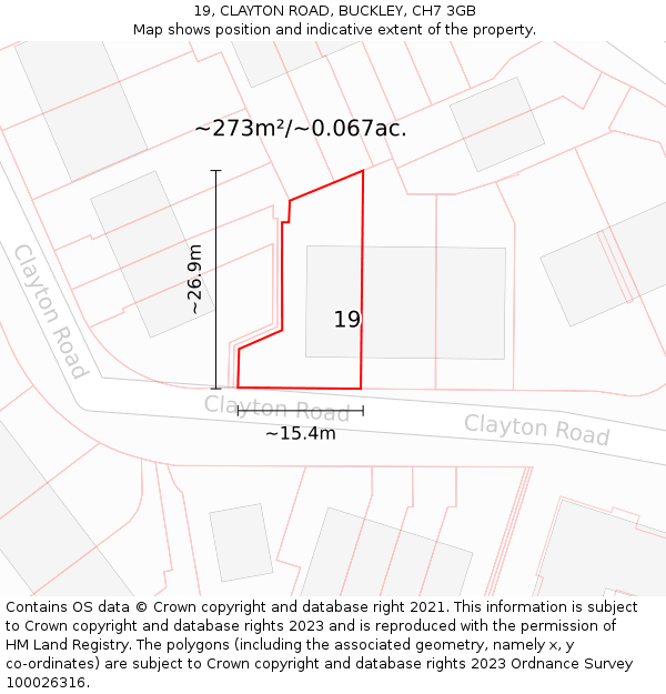 19, CLAYTON ROAD, BUCKLEY, CH7 3GB: Plot and title map