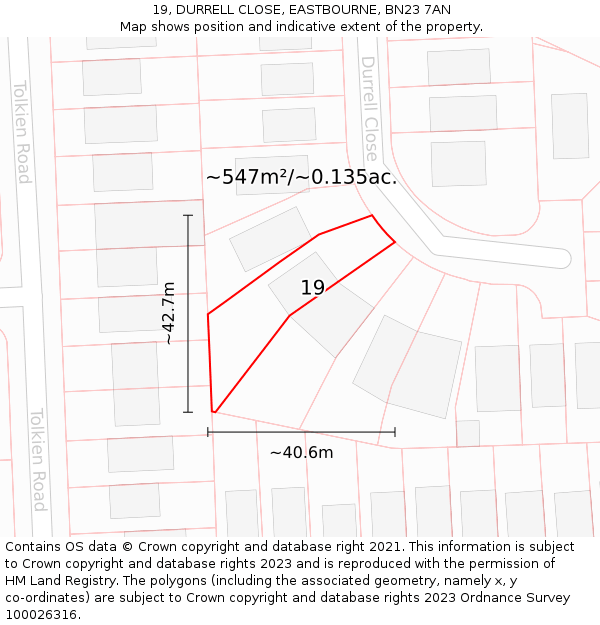 19, DURRELL CLOSE, EASTBOURNE, BN23 7AN: Plot and title map