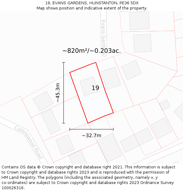 19, EVANS GARDENS, HUNSTANTON, PE36 5DX: Plot and title map