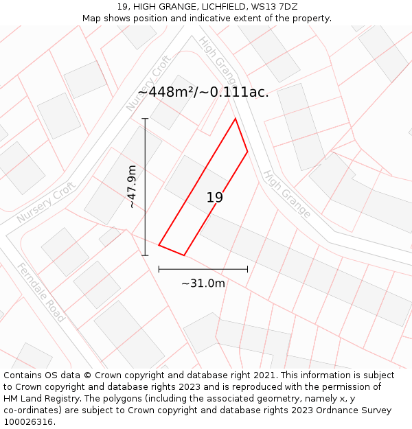 19, HIGH GRANGE, LICHFIELD, WS13 7DZ: Plot and title map