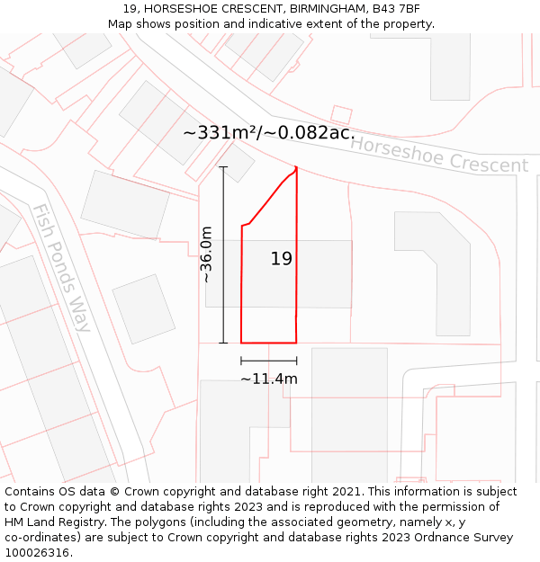 19, HORSESHOE CRESCENT, BIRMINGHAM, B43 7BF: Plot and title map