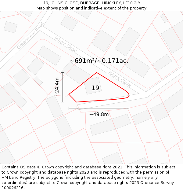 19, JOHNS CLOSE, BURBAGE, HINCKLEY, LE10 2LY: Plot and title map