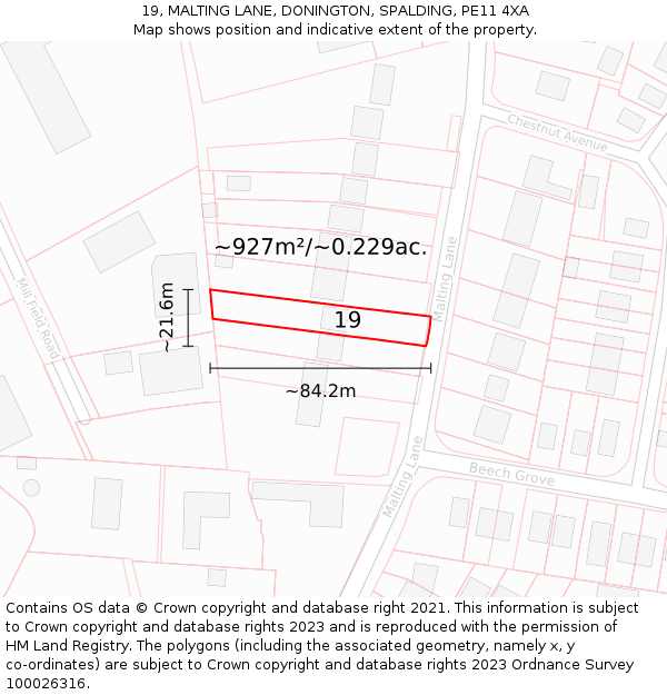 19, MALTING LANE, DONINGTON, SPALDING, PE11 4XA: Plot and title map