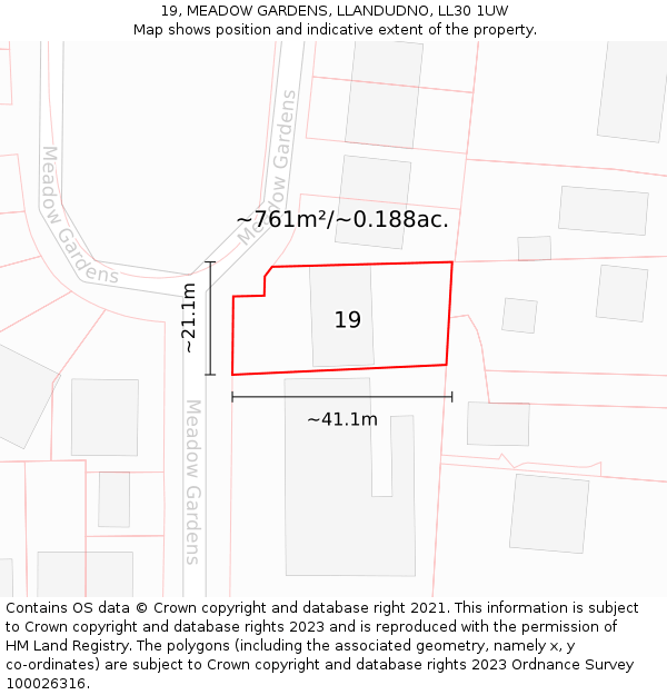 19, MEADOW GARDENS, LLANDUDNO, LL30 1UW: Plot and title map