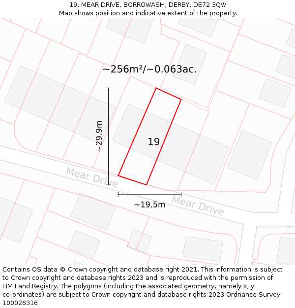 19, MEAR DRIVE, BORROWASH, DERBY, DE72 3QW: Plot and title map