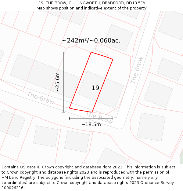 19, THE BROW, CULLINGWORTH, BRADFORD, BD13 5FA: Plot and title map