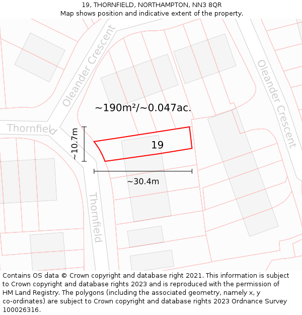 19, THORNFIELD, NORTHAMPTON, NN3 8QR: Plot and title map