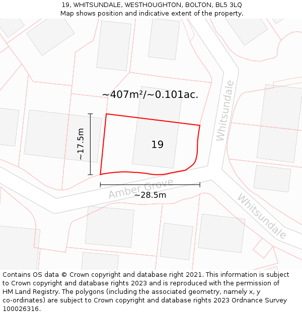 19, WHITSUNDALE, WESTHOUGHTON, BOLTON, BL5 3LQ: Plot and title map