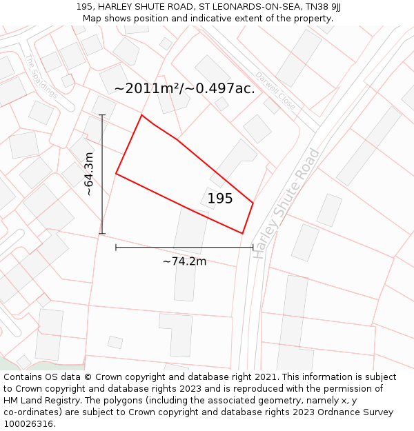 195, HARLEY SHUTE ROAD, ST LEONARDS-ON-SEA, TN38 9JJ: Plot and title map