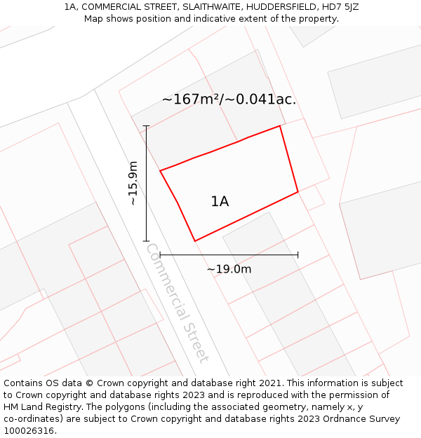 1A, COMMERCIAL STREET, SLAITHWAITE, HUDDERSFIELD, HD7 5JZ: Plot and title map