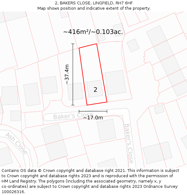 2, BAKERS CLOSE, LINGFIELD, RH7 6HF: Plot and title map