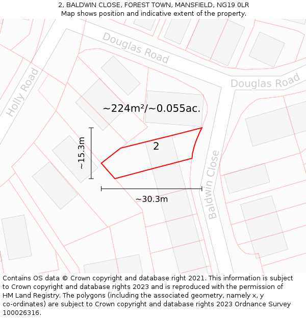 2, BALDWIN CLOSE, FOREST TOWN, MANSFIELD, NG19 0LR: Plot and title map